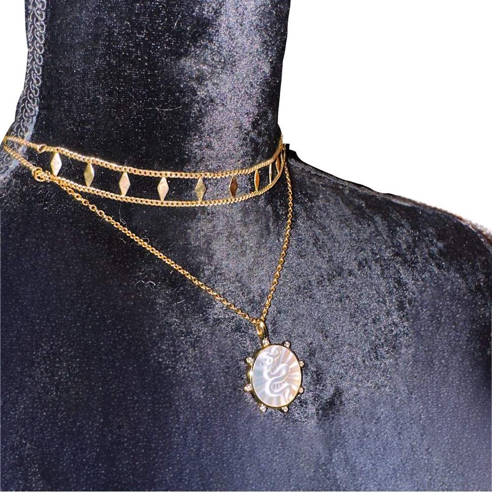 Real Gold Pearl Shell & CZ Snake Pendant Two Layer Necklace